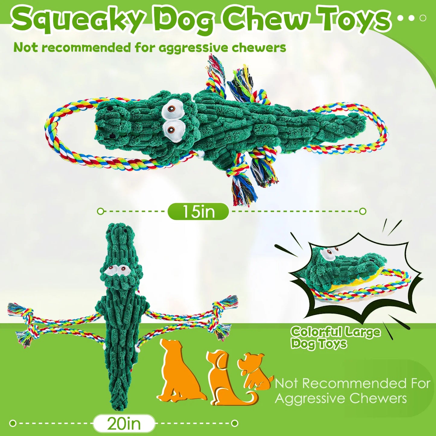 Cotton Rope Alligator Squeak dog toy for aggressive chewers