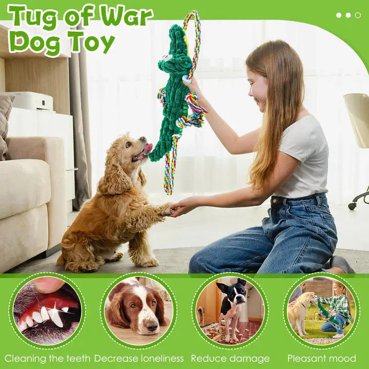 Cotton Rope Alligator Squeak dog toy for aggressive chewers PawsMagics