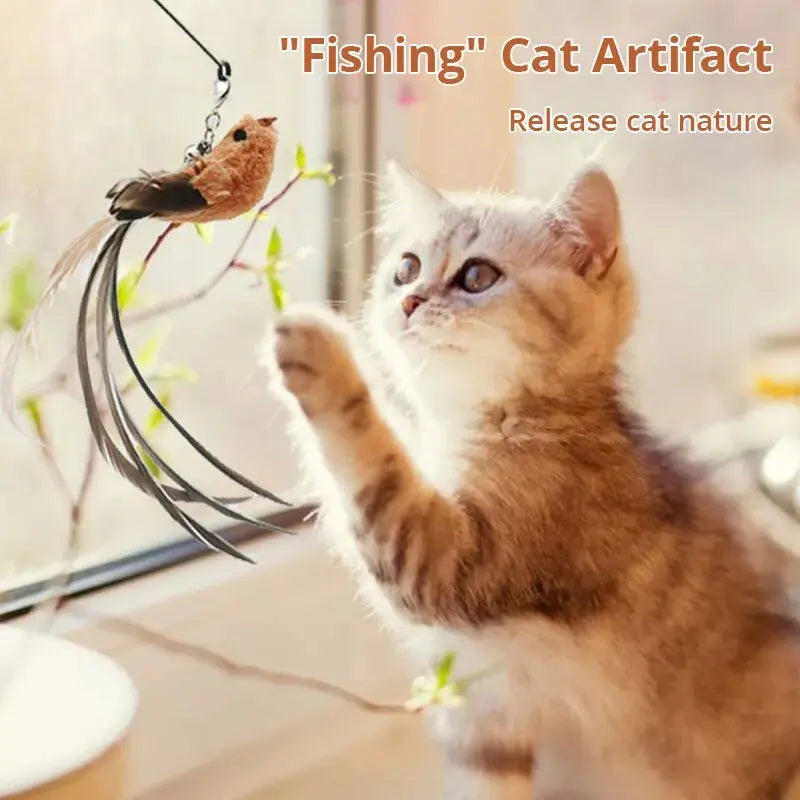 Upgraded Hands-Free Feather Cat Teaser Stick – Long Rod & Steel Wire PawsMagics